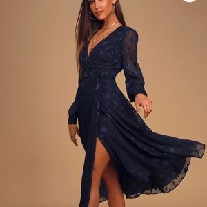 Navy Blue Floral Jacquard Wrap Midi Dress
